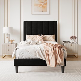 SHA CERLIN Twin Bed Frame/Velvet Upholstered Platform Bed Frame with Headboard/Strong Wood Slats Support/Mattress Foundation/No Box Spring Needed - Black
