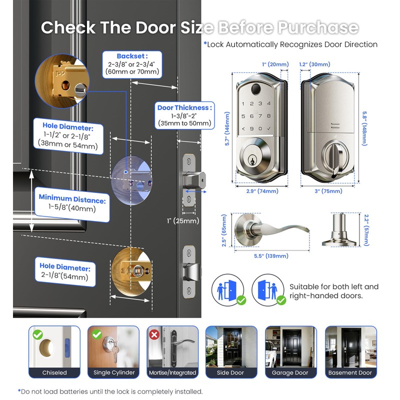 Veise VE017-L Fingerprint Smart Lock with Lever Handles, App Control,