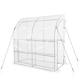 BPS 7x3x7 FT Lean to Greenhouse with Shelves, Large Walk-in Greenhouse with Waterproof PE Cover for Garden, Backyard, White