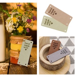 EMSea 40PCS Hand Made with Love Tags Leather Hand Made Labels Embellishments 4 Holes for Crochet Sewing Clothing Decors DIY Craft Handbags Decoration 8 Colours