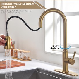 Trysea Kitchen Faucet with Pull Down Sprayer,Stainless Steel Sink Faucet with Deck Plate,Single Handle High Arc Brushed Gold Pull Out Kitchen Faucets