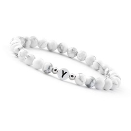 GD GOOD.designs EST. 2015 ® Pearl Bracelet (Howlite White) with Letter - Friendship Bracelet for 2 (Gift for Couples), Silver Plated