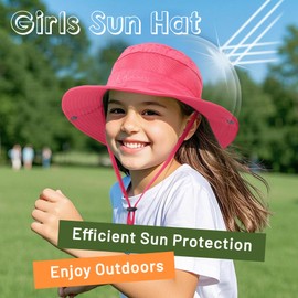 Zando Girls Sun Hat UPF 50+ Kids Bucket Hat Adjustable Kids Hats Girls Camping Hiking Boating Surfing Beach Lake Blue & Rose Red 5-13 Years