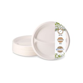 BIOZOYG Disposable Plates, Pack of 50, 2 Chambers, Diameter 22 cm, White, Round, Dinner Plates, Sugarcane Plates with Dividers, Snack Plates with Compartments, Divided Party Tableware