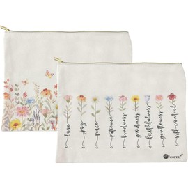 Flowers Make Up Canvas Bags 2Pcs Inspirational Floral Cosmetic Bags Mother's Day Gift for Women Toiletry Bag Canvas Makeup Travel Pouch with Zipper Small Storage Bag