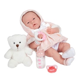 JC Toys All-Vinyl La Newborn Doll in Pink Coat and Outfit w/Animal Friend & Accessories. Real Girl!, White - Pink (18065)