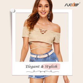 SUOSDEY Slim Belt for Women, Thin Leather Belt, Fashion Waist Belt for Dress, Jeans with Gold Buckle, C-beige