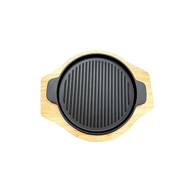 Round Grill Cast Iron Set W/Rubber Wood Underliner, for Steak,