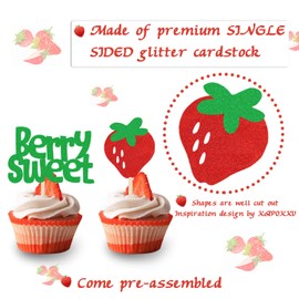 KAPOKKU Set of 24 Glitter Strawberry Cupcake Topper for Berry Rush Strawberry Theme Kids Birthday Hawaiian Tutti Frutti Party Baby Shower Wedding Bridal Shower Supplies