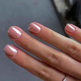 Foccna Nude Press on Nails Chrome Fake Nails Square Glossy Short False Nail Tips Artificial Finger Manicure for Women and Girls 24pcs
