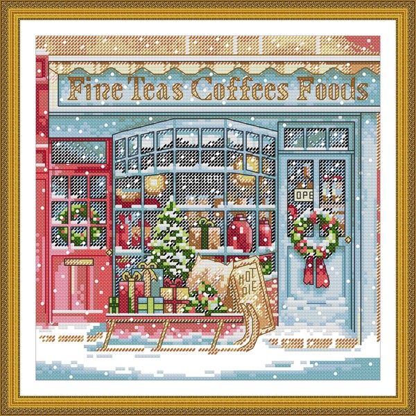 artcici Preprinted Christmas Cafe Cross Stitch Kit for Beginner, 11ct