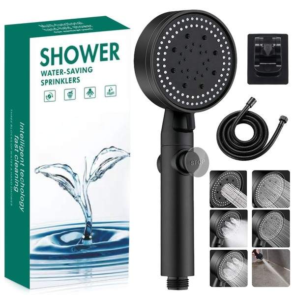 Shower Head High Pressure Booster with 1.5 m Hose & Bracket, 2023 6 Modes Rain Power Shower, Waterfall Shower Heads with 65% Water Saving Stop, Hand Showerhead, Multi-Functional Universal for SPA