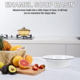 Ciieeo 1pc Vintage Enamel Bowl Large Enamel Basin White Enamel Mixing Bowl Metal Nesting Food Bowl Deep Round Tray Retro Enameled Noddle Bowl 8.65in/22cm