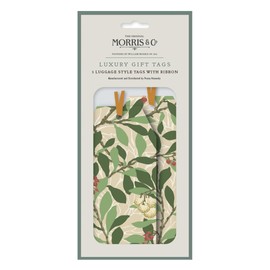 Penny Kennedy Morris & Co Pack of 5 Luxurious Gift Tags with Silk Ribbon Ties for Christmas - Arbutus Festive Foliage Design - Gift Tags for Presents - Gift Wrap for Christmas - Christmas Wrap