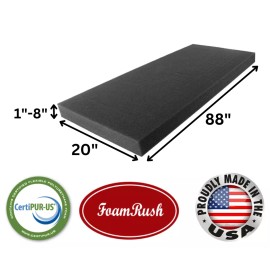 FoamRush 20" x 88" Charcoal High Density Upholstery Foam Cushion Medium Firm USA - 8" x 20" x 88" Charcoal