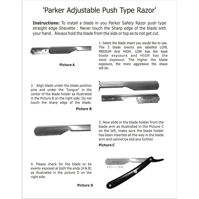 Parker PTABK Adjustable Stainless Black Handle Straight Barber Razor
