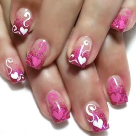 Love Heart Press on Nails Pink Glitter Gradient Fake Nails Romantic Acrylic Nails Glossy Artificial Glue on Nails for Women DIY Manicure