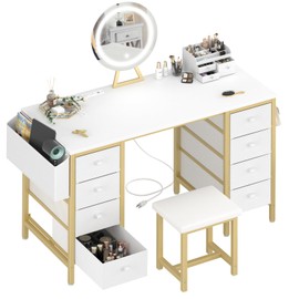 Large Vanity Desk with Mirror and Light- Makeup Vanity Set Table with Chair, Storage, Lighted Mirror, 8 Fabric Drawers & Power Outlet, Dressing Table Vanities for Girls Bedroom