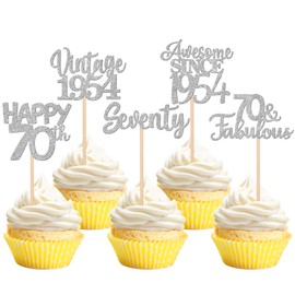 30 piezas de adornos para cupcakes de feliz cumpleaños 70 con purpurina, 70 piezas clásico de 1953, para 70 fabulosas decoraciones de pasteles para 70 cumpleaños, boda, aniversario, fiesta, suministros de plata
