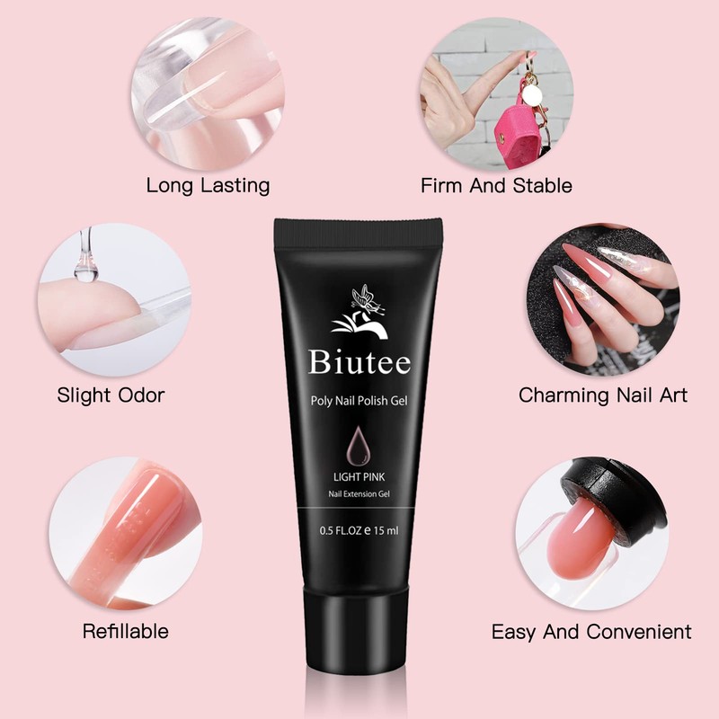 Biutee 6-Piece Gel Nail Set, Polygel, UV/LED Compatible, Length Tip,