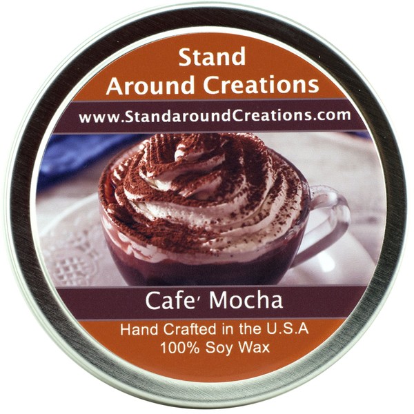 Premium 100% All Natural Soy Wax Aromatherapy Candle - 4oz. Tin: Scent: Cafe Mocha- Fresh Brewed Coffee, Chocolate Syrup, Creamy Vanilla, and Marshmallows.