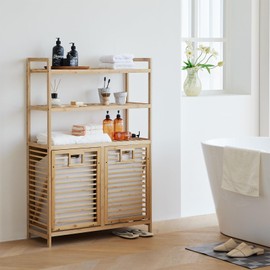 Baveke Double Tilt Out Laundry Hamper, Bamboo Hamper with 2 Removable Bags, Pull Out Laundry Hamper Cabinet, Bathroom Storage Shelf for Laundry Room, Living Room, Bedroom (Double Hamper - 3 Tiers)