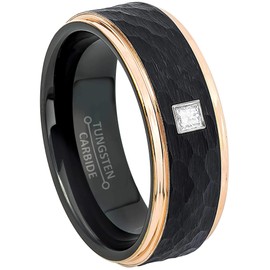 0.05ctw Princess Cut Diamond Tungsten Ring - 2-Tone Black & Rose Gold Hammered Tungsten Carbide Mens Wedding Band - April Birthstone Ring - RG Bezel