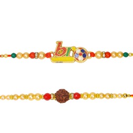 Peacock Rakhi Set of 2 Rakhi for Brother with Raksha Bandhan Greeting Card | Roli Chawal Tika - Raksha Bandhan Designer Kundan Rakhi for Brother & Bhabhi | Rakhi for Bhaiya | Rakhi Thread VRK012 (Design1)