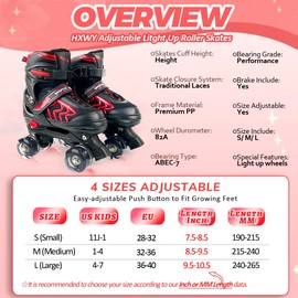 HXWY Kids Roller Skates for Boys Girls Child, Adjustable 4 Sizes Roller Skates for Kids and Youth with Light Up Wheels, Quad Black & Red Roller Skates for Sports (Little Kid 11J-1)