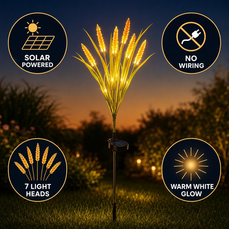 7-Head Solar Wheat Ear Garden Light, Warm White LED Outdoor