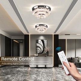 Cainjiazh 11.8" Modern Crystal Chandeliers LED Crystal Ceiling Light Fixture Flush Mount Ceiling Chandelier Light Chandelier for Dining Room Hallway Three-Tier Dimmable with Remote Control