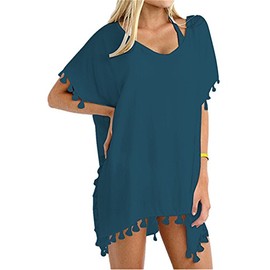 Yincro Women's Chiffon Swimsuits Beach Bathing Suit Cover Ups for Swimwear with Tassels(Lake Blue Tassel, S-M)