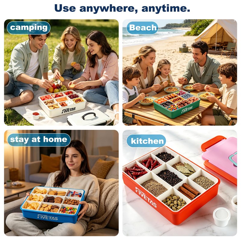 Snackle Box with Built-in Ice Pack,9 Compartment Divided Snack Container