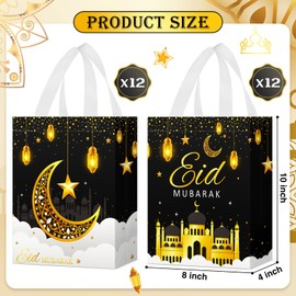 Locmeo 24 Pcs Eid Mubarak Reusable Gift Bags with Handles Non Woven Al Fitr Muslim Treat Bags Multifunctional Ramadan Mubarak Gift Bags for Party Supplies Gifts Wrapping (Black)