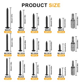 Pack of 405 Black Round Head Screws Set, M3/M3.5/M4, Torx Wood Screws Carbon Steel Self Tapping Screws with 3 Pieces Bits