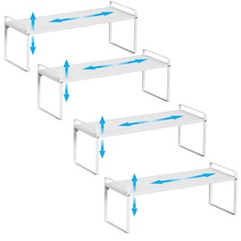 15.5 to 25.5 Inch Kitchen Cabinet Shelf Organizers, Adjustable Kitchen Counter Shelf Organizer, Set of 4 Expandable Countertop Storage Shelves, Stackable Design, 30LBS Heavy Duty, Space Saver