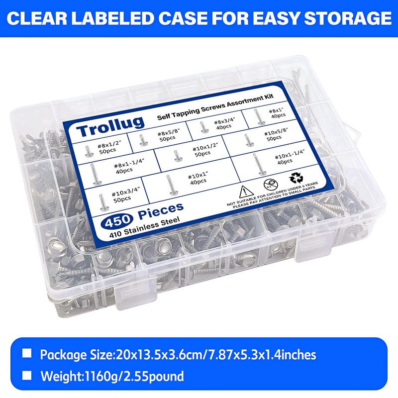 450PCS Self Tapping Screws for Metal, 410 Stainless Steel Self