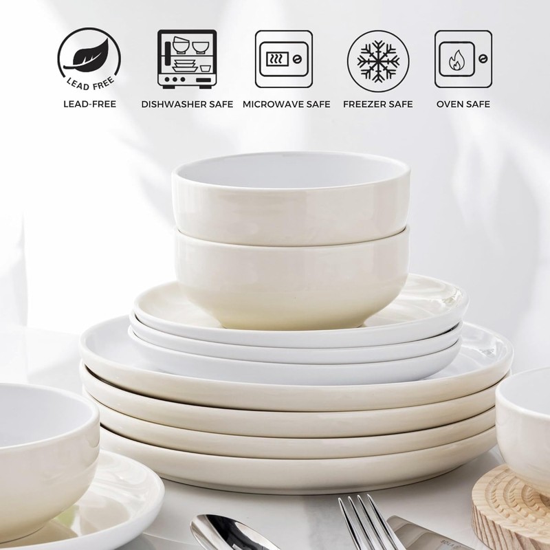 GBHOME 12 Pieces Ceramic Dinnerware Set, Modern White Dish Set