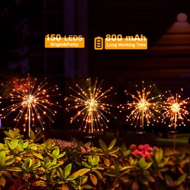 Galavasen Solar Garden Lights, Fireworks Solar Lights Outdoor, Each 150LED 8 Modes Solar Fireworks Flowers Lights Waterproof for Outside Yard Pathway Party Christmas Garden Decor 4 Pack(Warm White)