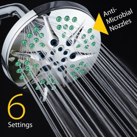 Hotel Spa Notilus Antimicrobial High-Pressure Giant 6'' Luxury Rain Spa Shower Head - 6 Settings, 2-Zone Antimicrobial Anti-Clog Nozzles, Angle-Adjustable Metal Ball Joint Connection Chrome Finish