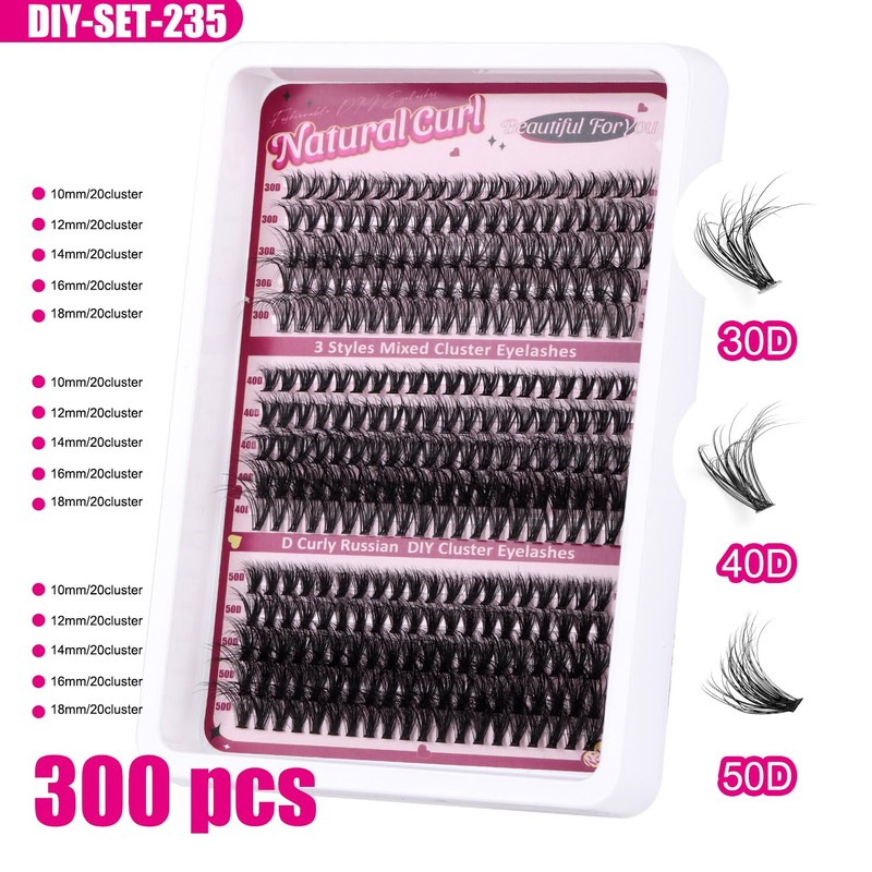 Epzia Lash Clusters 30D+40D+50D - 300pcs Eyelash 10-18mm D Curl