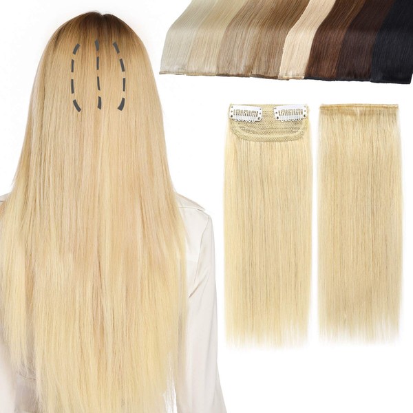 Clip-In Real Hair Extensions, 1 Piece Hair Pad, Fluffy Short Hair, Real Remy Real Hair Extensions Pad Hair, 2 Clips, 25 cm - 15 g (#60 Platinum Blonde)