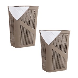Mind Reader 60L Slim Laundry Hamper, Clothes Basket, Lid, Ventilated, Plastic, 17.25"L x 13.75"W x 23.5"H, Set of 2, Tan