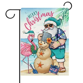 Dyrenson Merry Christmas Santa Decorative Garden Flag, Beach Coastal Flamingo Snowman Tropical Yard Outside Home Decorations, Hawaii Nautical Winter Holiday Outdoor Small Decor Double Sided 12 x 18