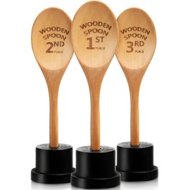 Highergo 3 Pieces Golden Spoon Award Trophies Set Chili Cook Off Wood Spoon Prizes Wooden Laser Engraved Wooden Spoon with Wooden Trophy Base Cooking Baking Gifts for Bake Off Chili (8.66'')