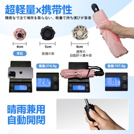 Parasol, Ultra Lightweight, 6.7 oz (195 g), UV Reduction, 100% Full Light Blocking, Heat Blocking, One-Touch, Auto Open and Close, Parasol, Rain Umbrella, UV Protection, Sun Protection, Windproof,