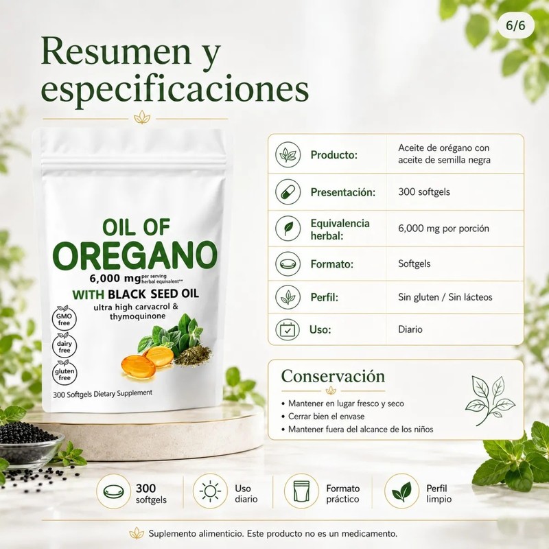 Aceite De Orégano Con Semilla Negra 300 Cápsulas 6000 Mg