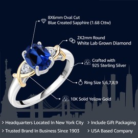 Gem Stone King 1.68 Cttw Blue Created Sapphire and Lab Grown Diamond Ring For Women | 2 Tone 10K Yellow Gold and 925 Sterling Silver | Available in Size 5,6,7,8,9