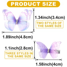 YALOJE 5PCS Butterfly Hair Clips, 3D Purple Organza Rhinestone Hair Barrettes for Women, Gradient Design Butterfly Hair Accessories for Wedding, Bachelorette Party, Rave Festival - 2 Sizes