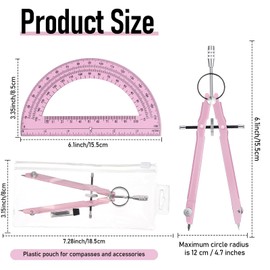 EBOOT Student Geometry Math Set, Drawing Compass and 6 Inch Clear Swing Arm Protractors 180 Degree Math Protractor(Pink and Pink)